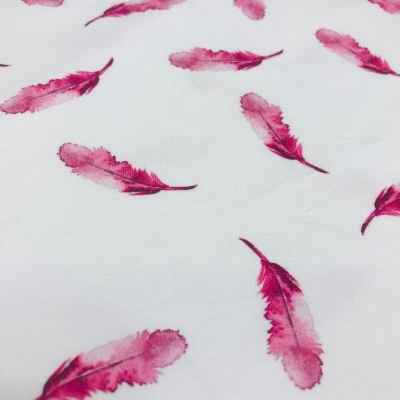 Jersey FEATHER ♥ Weiß | Federn fuchsia pink